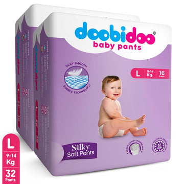 Doobidoo Baby Pants Diapers | L-Size | Pack of 2 | 32 Count | 9-14 kgs | Super stretchable elastic waistband
