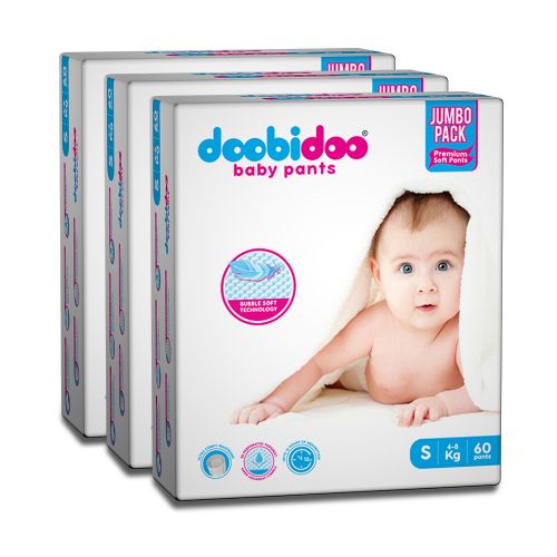 Doobidoo Baby Pants Diapers - Small Size (180 Count) - All Round Softness with Bubble soft Top sheet (4-8 kgs)