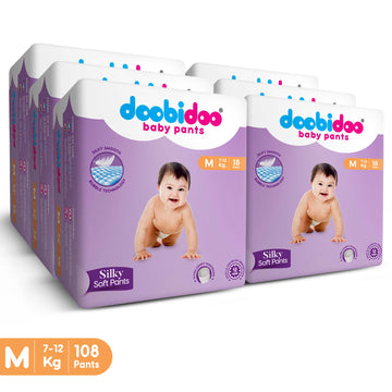 Doobidoo Silky Soft Baby Pants Diapers | Medium Size | Pack of 6 | 108 Count |7-12 kgs | Silky Smooth with Bubble Technology