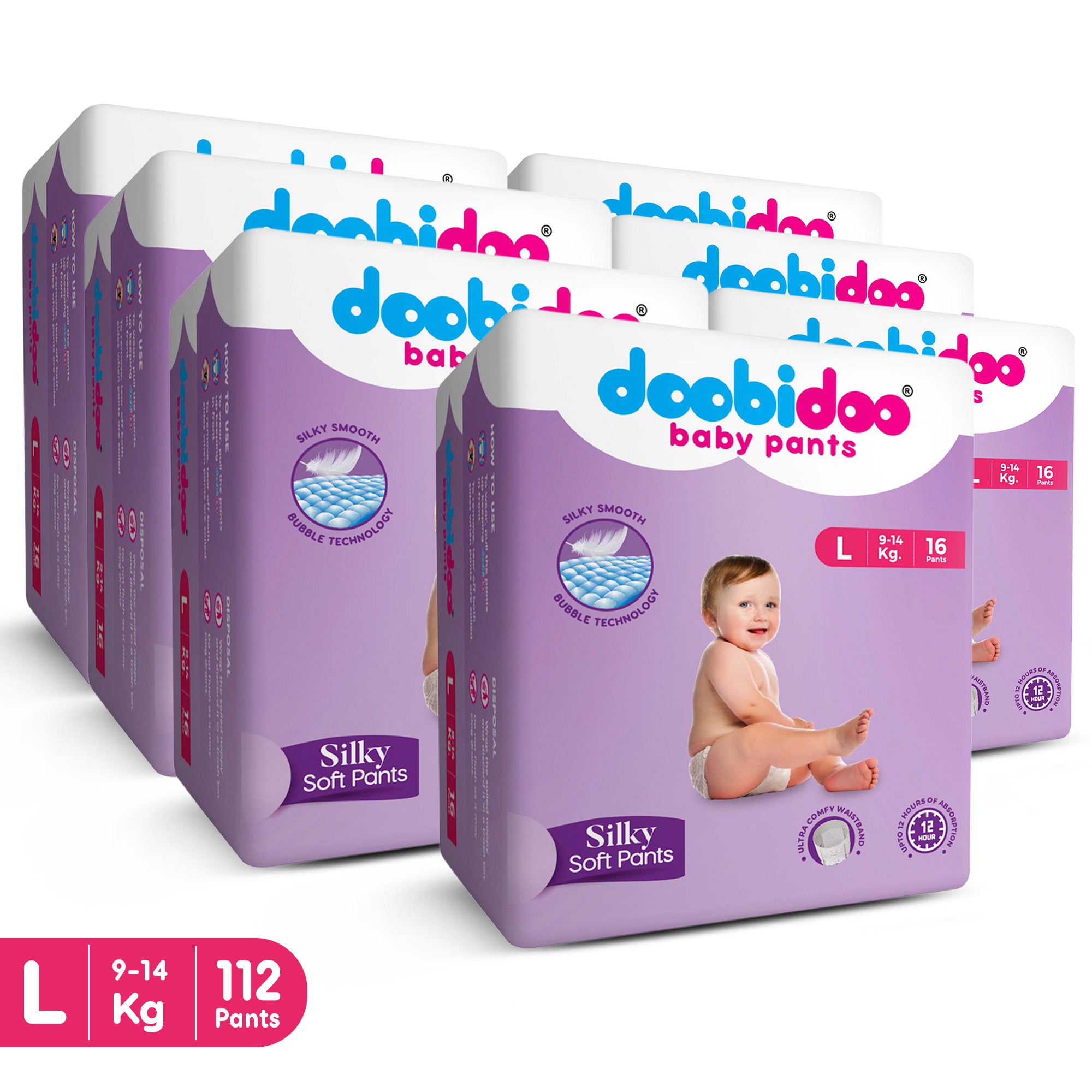 Doobidoo Baby Pants Diapers | L-Size | Pack of 7 | 112 Count |9-14 kgs | All Round Softness With Bubble Soft Top Sheet