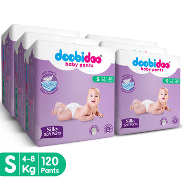 Doobidoo Silky Soft Baby Pants Diapers |Small Size | Pack of 6 | 120 Count |4-8 kgs | Silky Smooth with Bubble Technology