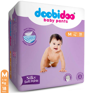 Doobidoo Silky Soft Baby Pants Diapers |Medium Size | Pack of 1 | 18 Count |7-12 kgs | All Round Softness With Bubble Soft Top Sheet