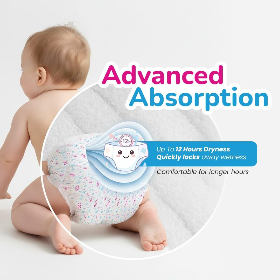 Doobidoo Baby Pants Diapers - Medium Size (112 Count) - All Round Softness with Bubble soft Top sheet (7-12 kgs)