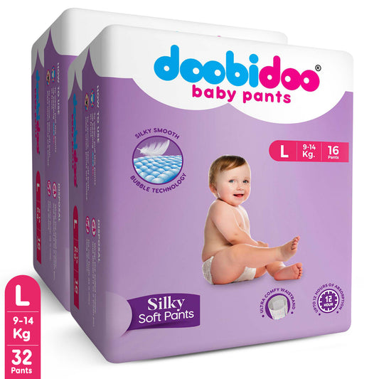 Doobidoo Baby Pants Diapers | L-Size | Pack of 2 | 32 Count | 9-14 kgs | Super stretchable elastic waistband