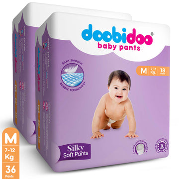 Doobidoo Silky Soft Baby Pants Diapers | Medium Size | Pack of 2 | 36 Count |7-12 kgs | Super stretchable elastic waistband