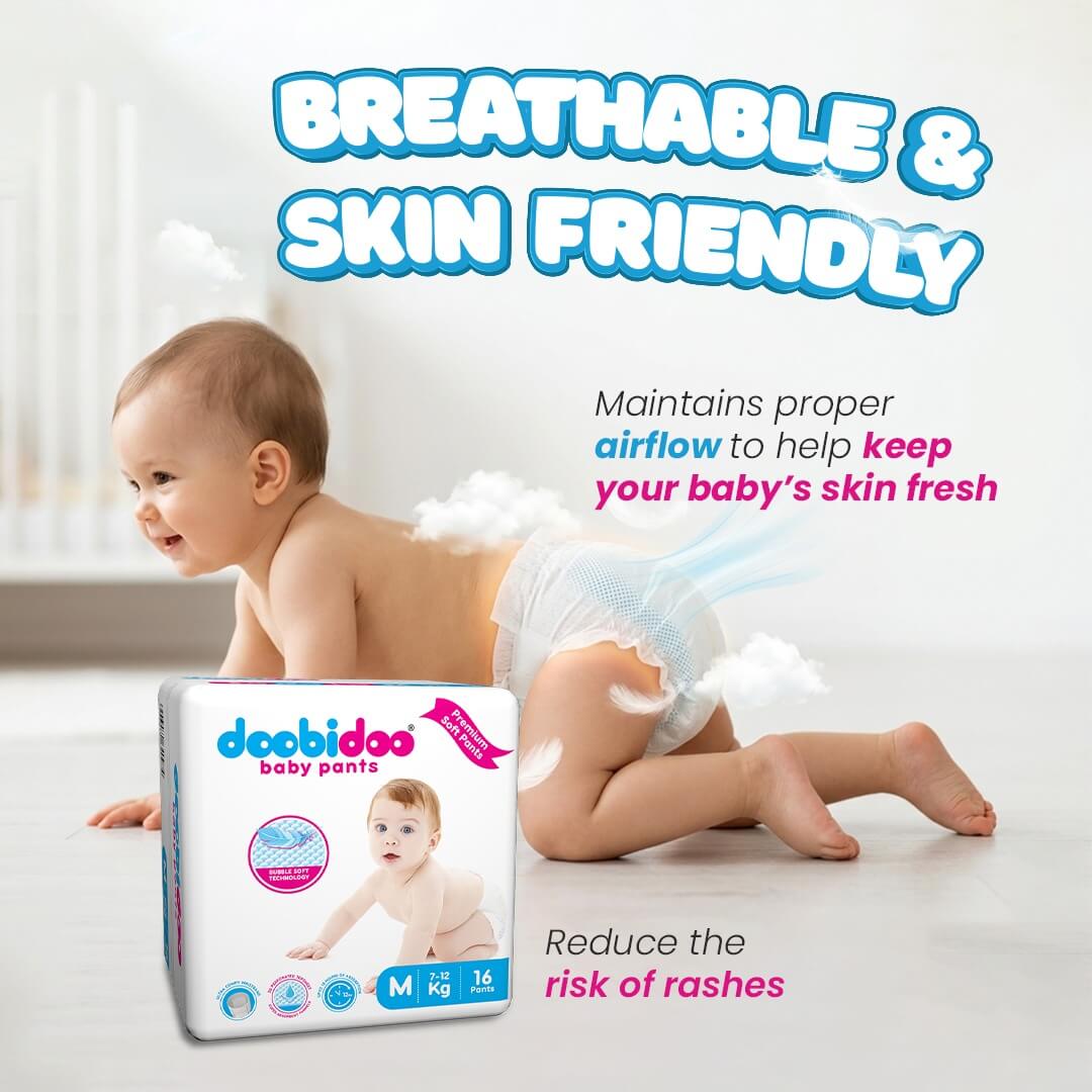 Doobidoo Baby Pants Diapers - Medium Size (112 Count) - All Round Softness with Bubble soft Top sheet (7-12 kgs)