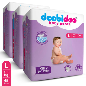 Doobidoo Baby Pants Diapers |L-Size | Pack of 3 | 48 Count |9-14 kgs | Feather soft top sheet for baby's gentle skin