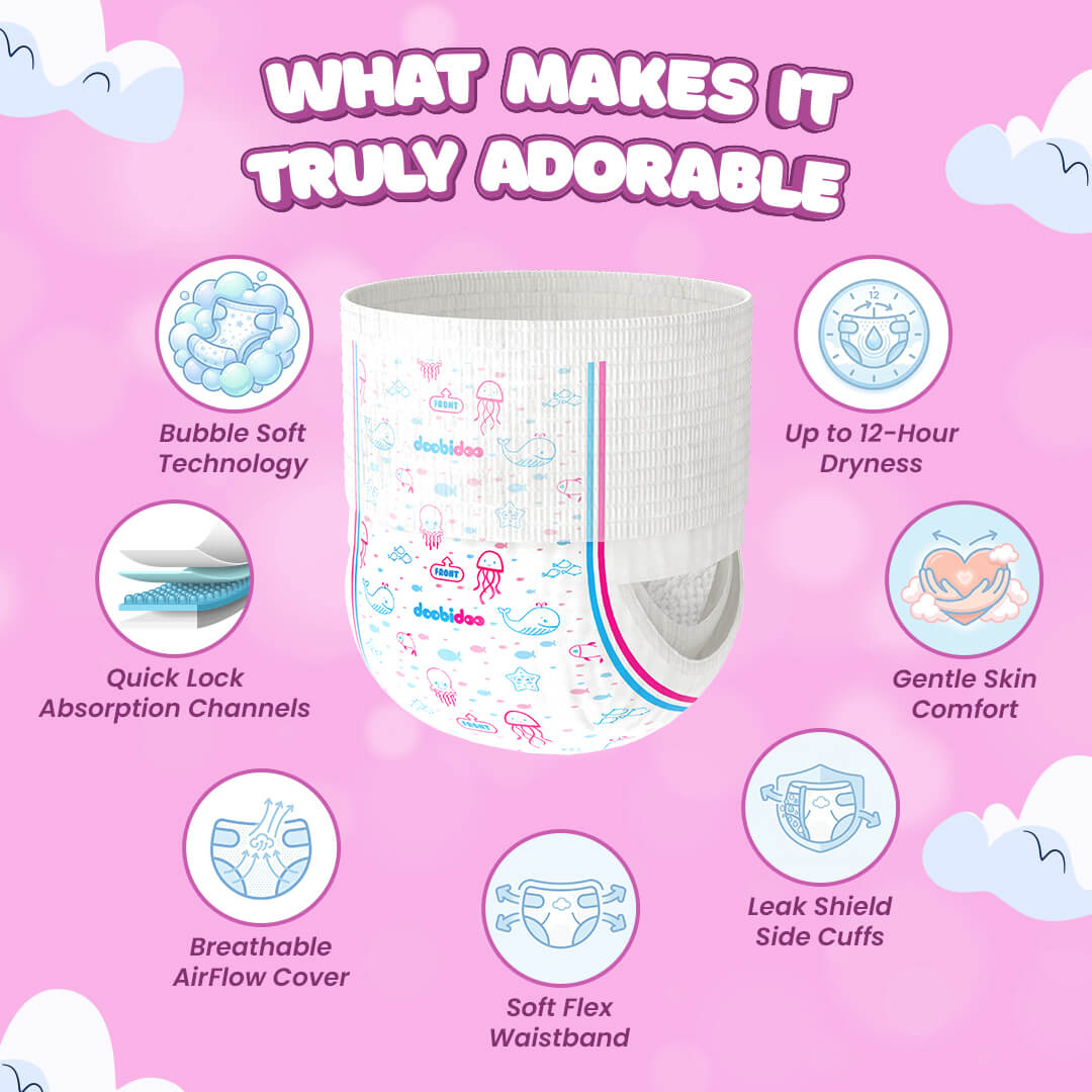 Doobidoo Silky Soft Baby Pants Diapers | Medium Size | Pack of 2 | 36 Count |7-12 kgs | Super stretchable elastic waistband
