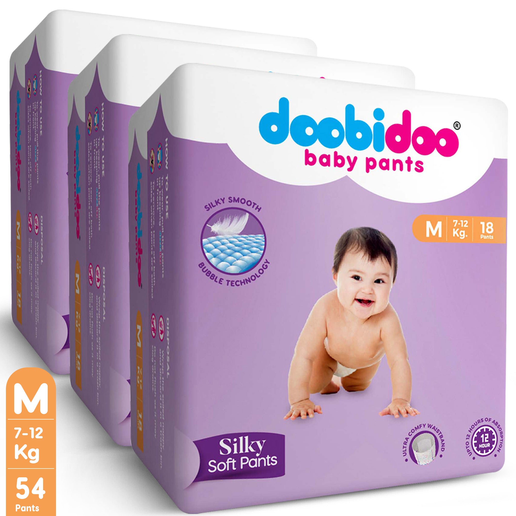 Doobidoo Silky Soft Baby Pants Diapers | Medium Size | Pack of 3 | 54 Count |7-12 kgs | Feather soft top sheet for baby's gentle skin