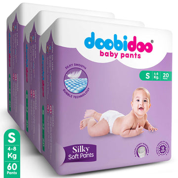 Doobidoo Silky Soft Baby Pants Diapers |Small Size | Pack of 3 | 60 Count |4-8 kgs | Feather soft top sheet for baby's gentle skin