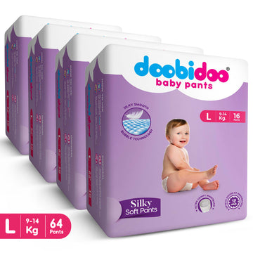 Doobidoo Baby Pants Diapers |L-Size | Pack of 4 | 64 Count |9-14 kgs | Fits comfortably and prevents leakage