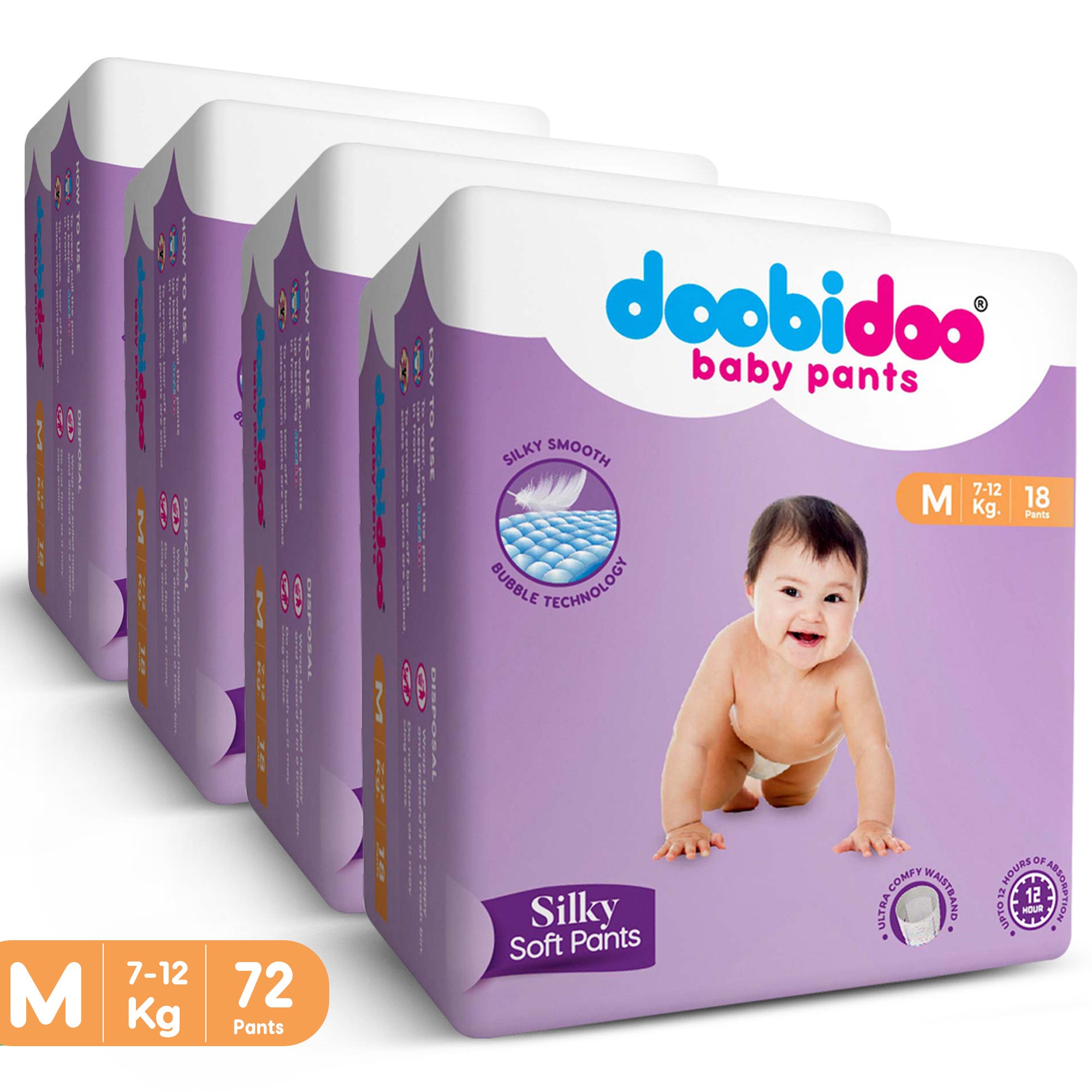 Doobidoo Silky Soft Baby Pants Diapers | Medium Size | Pack of 4 | 72 Count |7-12 kgs | Fits comfortably and prevents leakage