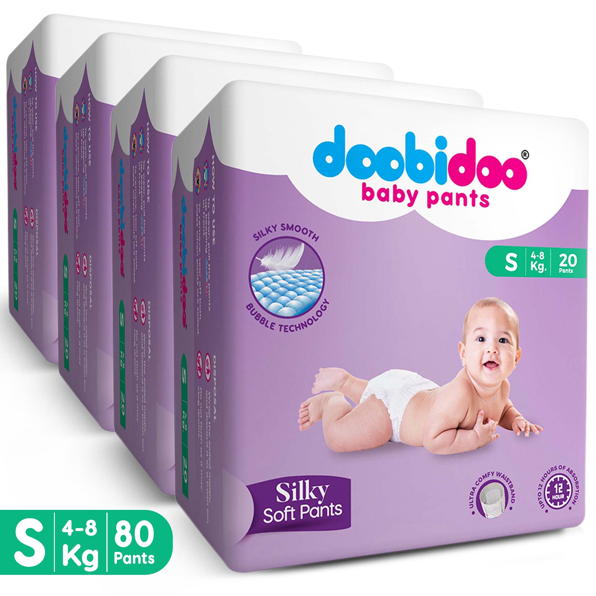 Doobidoo Silky Soft Baby Pants Diapers |Small Size | Pack of 4 | 80 Count | 4-8 kgs | Fits comfortably and prevents leakage