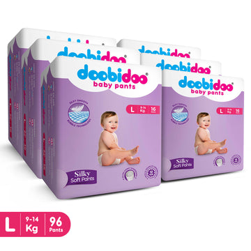 Doobidoo Baby Pants Diapers | L-Size | Pack of 6 | 96 Count | 9-14 kgs | Silky Smooth with Bubble Technology