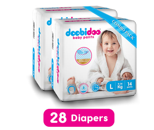 Doobidoo Baby Pants Diapers - Large Size (28 Count) - All Round Softness with Bubble soft Top sheet (9-14 kgs)