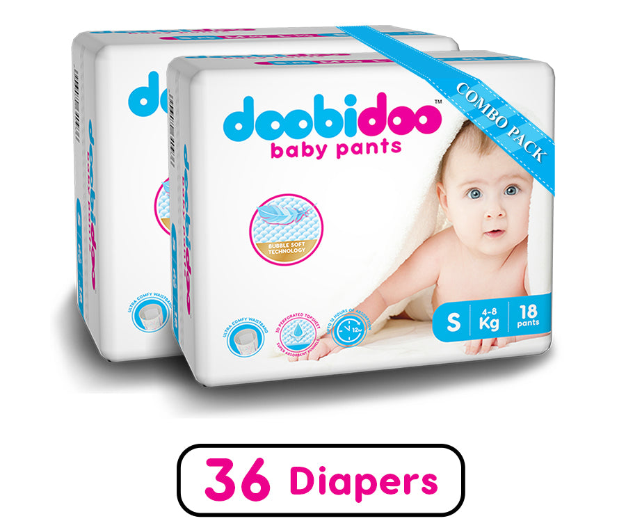Doobidoo Baby Pants Diapers - Small Size (36 Count) - All Round Softness with Bubble soft Top sheet (4-8 kgs)
