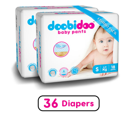 Doobidoo Baby Pants Diapers - Small Size (36 Count) - All Round Softness with Bubble soft Top sheet (4-8 kgs)