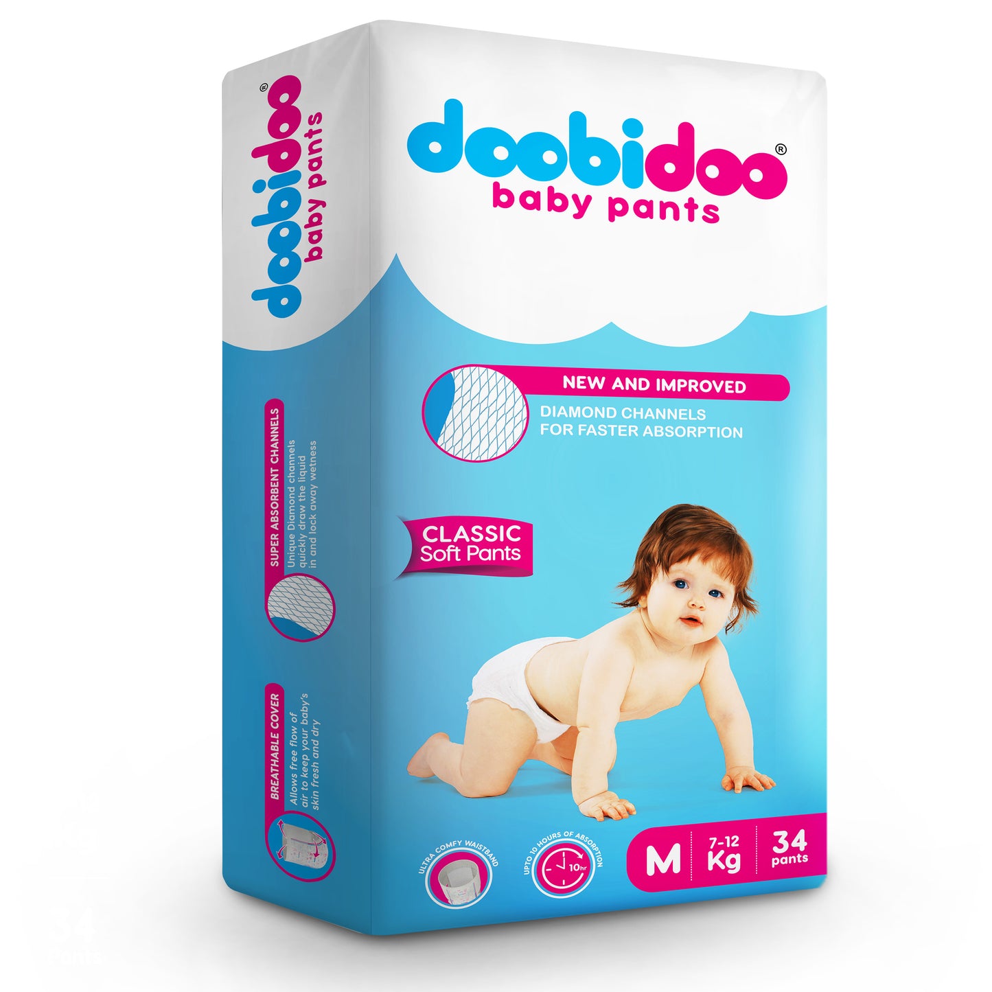 Doobidoo Classic Soft Baby Pant Diapers with Diamond Channels - Medium (34 count)