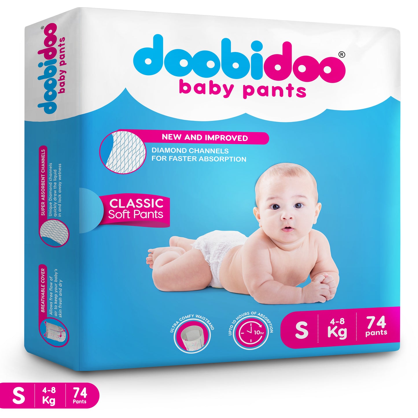 Doobidoo Classic Soft Baby Pant Diapers with Diamond Channels - S (74 count)