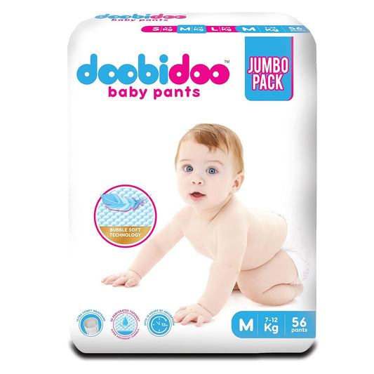 Doobidoo Baby Pants Diapers - Medium Size (56 Count) - All Round Softness with Bubble soft Top sheet (7-12 kgs)