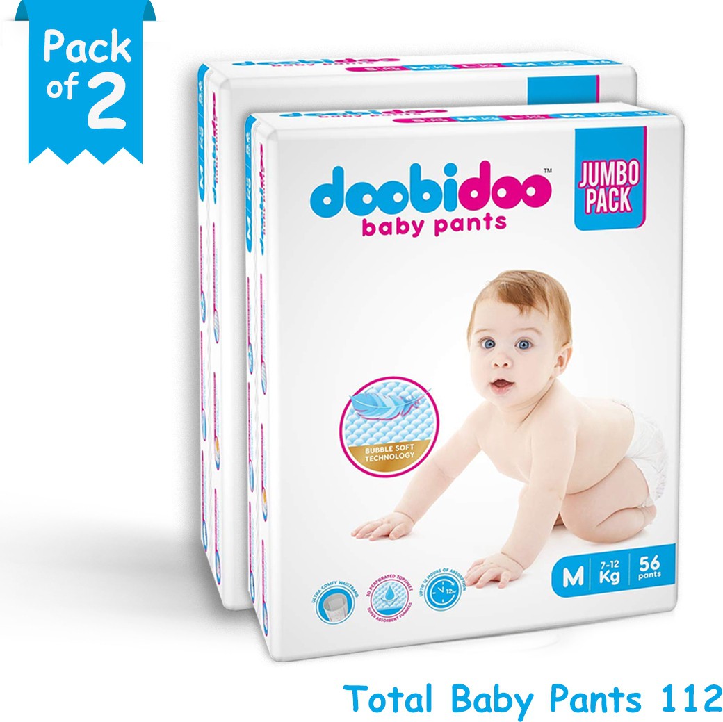 Doobidoo Baby Pants Diapers - Medium Size (112 Count) - All Round Softness with Bubble soft Top sheet (7-12 kgs)