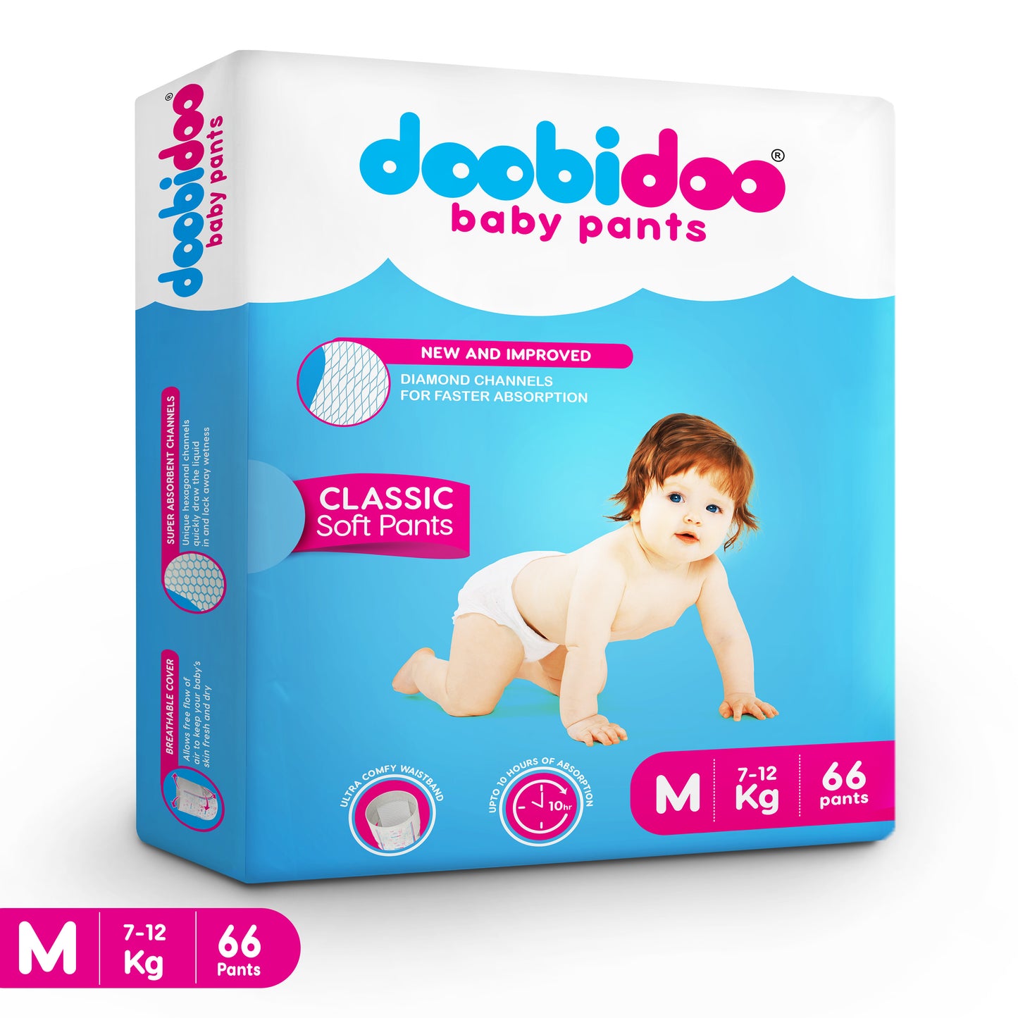 Doobidoo Classic Soft Baby Pant Diapers with Diamond Channels - M (66 count)