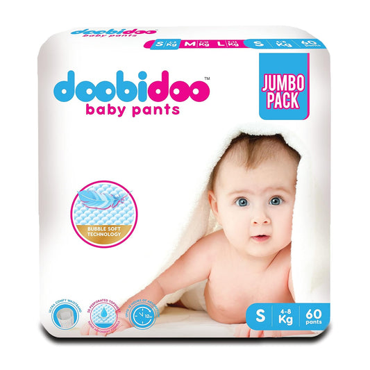 Doobidoo Baby Pants Diapers - Small Size (60 Count) - All Round Softness with Bubble soft Top sheet (4-8 kgs)