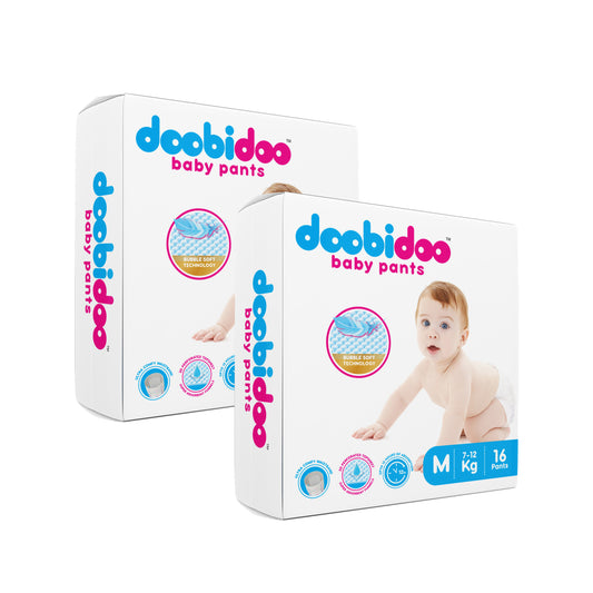 Doobidoo Baby Pants Diapers - Medium Size (32 Count) - All Round Softness with Bubble soft Top sheet (7-12 kgs)