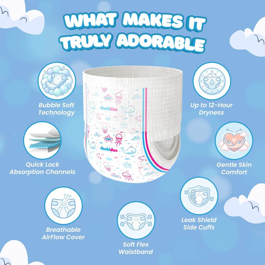 Doobidoo Baby Pants Diapers - Small Size (18 Count) - All Round Softness with Bubble soft Top sheet (4-8 kgs)