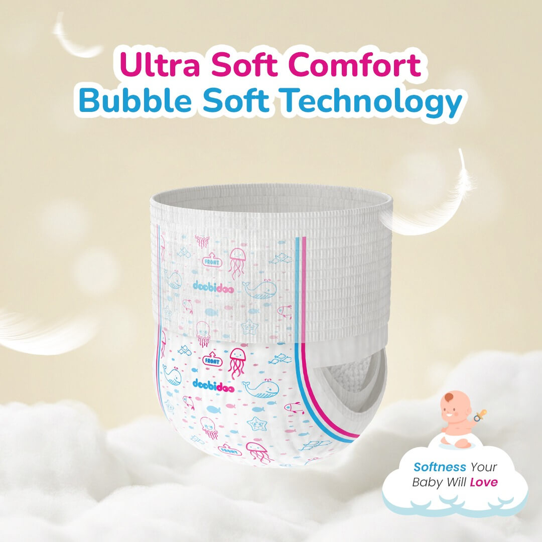 Doobidoo Baby Pants Diapers - Small Size (18 Count) - All Round Softness with Bubble soft Top sheet (4-8 kgs)
