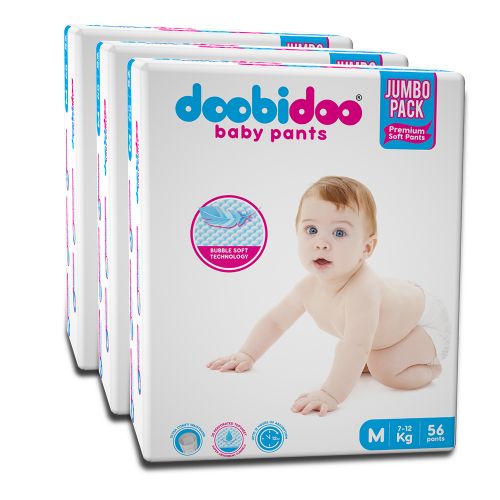 Doobidoo Baby Pants Diapers - Medium Size (168 Count) - All Round Softness with Bubble soft Top sheet (7-12 kgs)