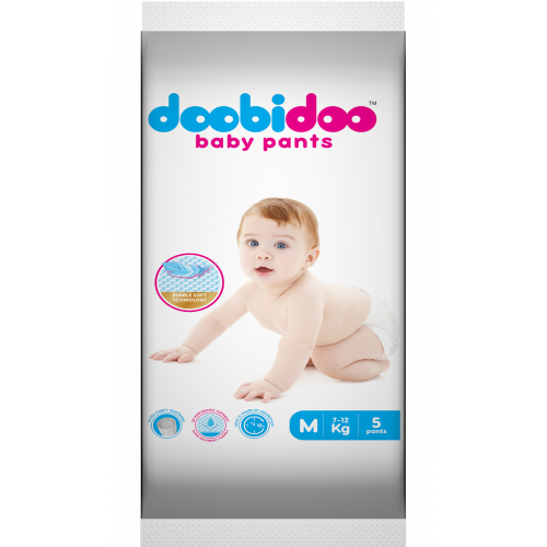 Doobidoo Baby Pants Diapers - Medium Size (5 Count) - All Round Softness with Bubble soft Top sheet (7-12 kgs)