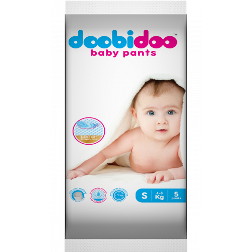 Doobidoo Baby Pants Diapers - Small Size (5 Count) - All Round Softness with Bubble soft Top sheet (4-8 kgs)